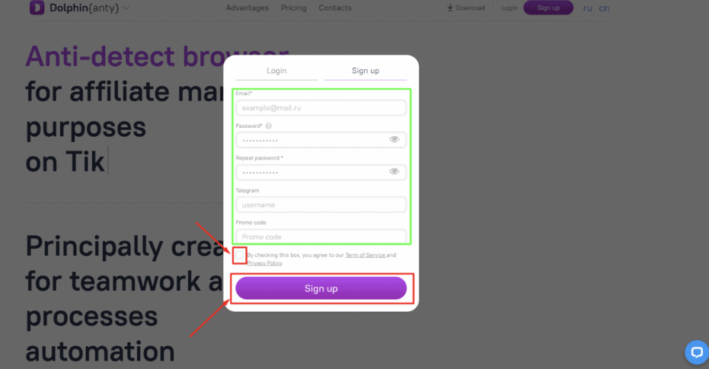 Sign up window