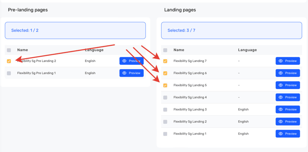 pre-landing pages and landing pages lists