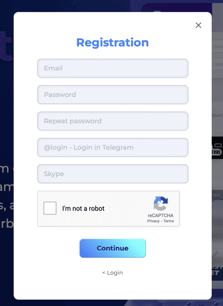 registration pop-up window