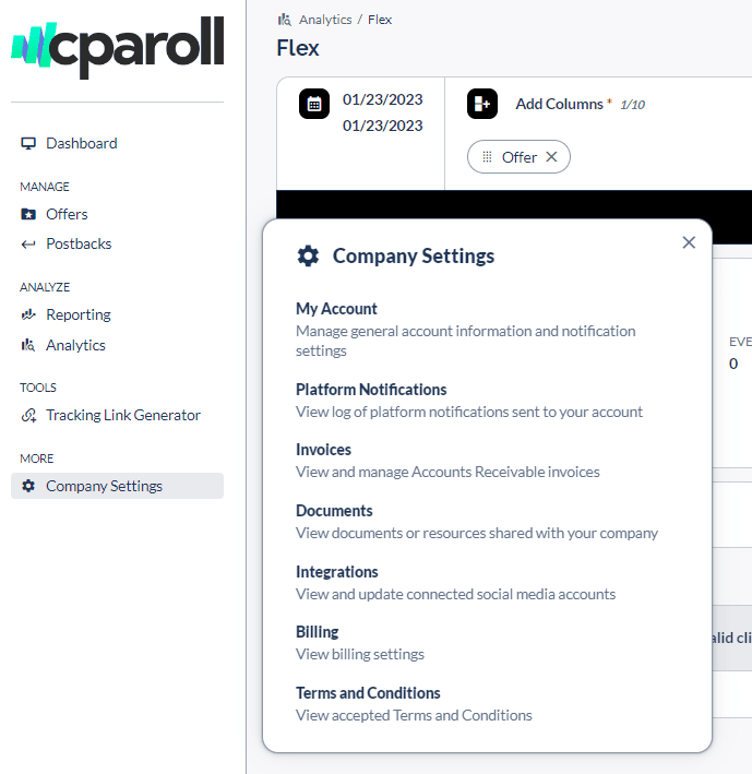 company settings tab