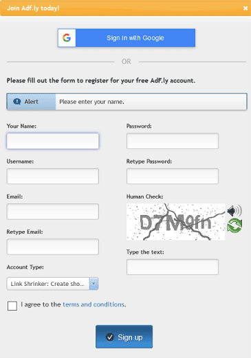 screenshot of sign up page