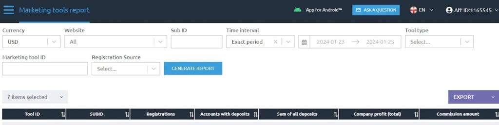 marketing tools report page