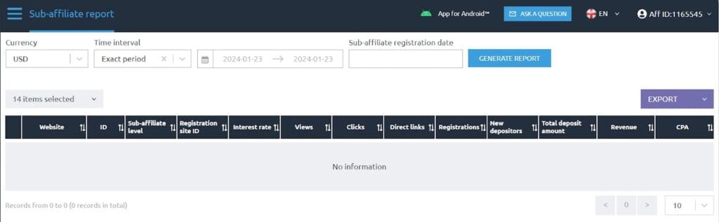sub-affiliate report tab