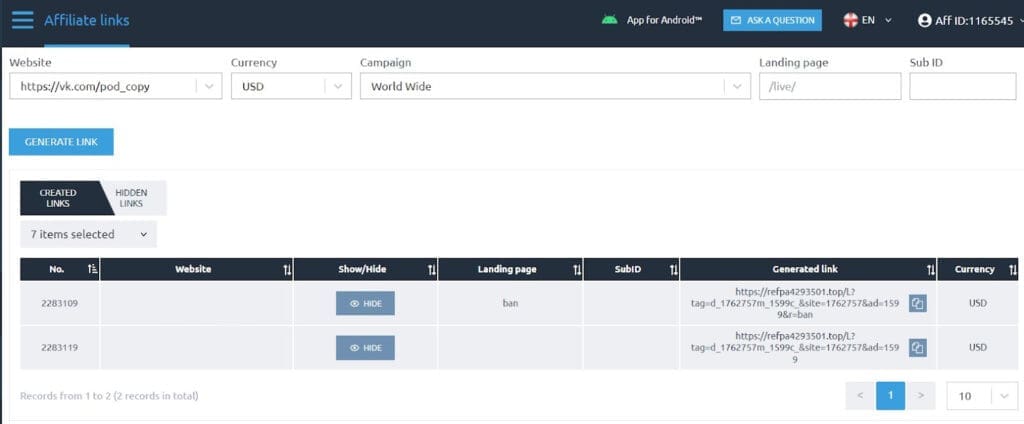 affiliate links page in the dashboard