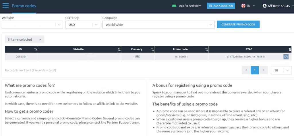 promo codes page