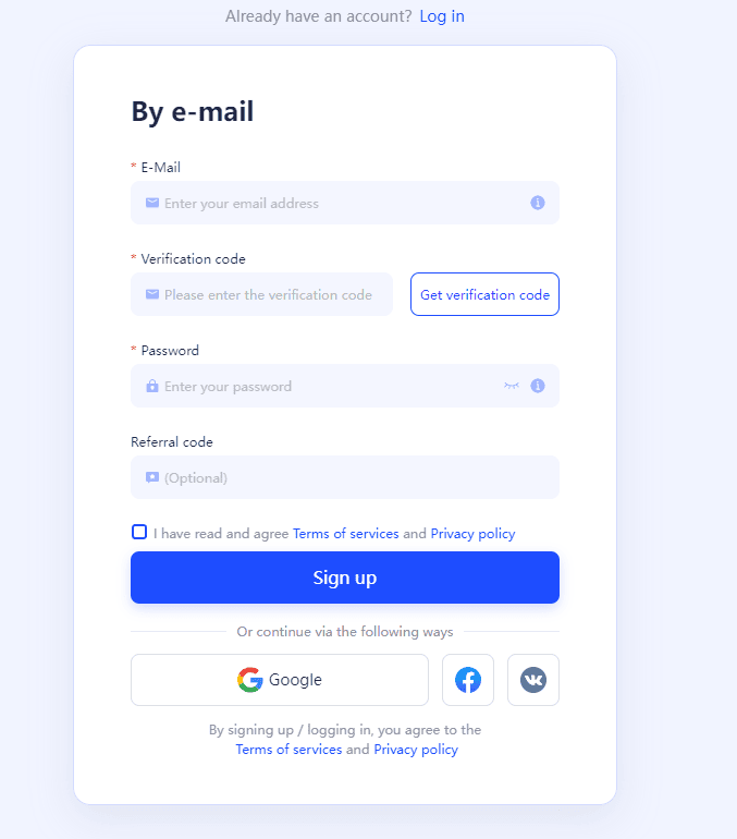 sign up window