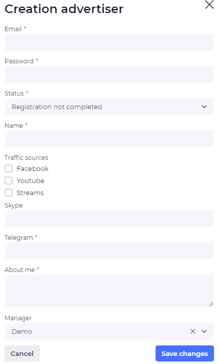 advertiser creation page