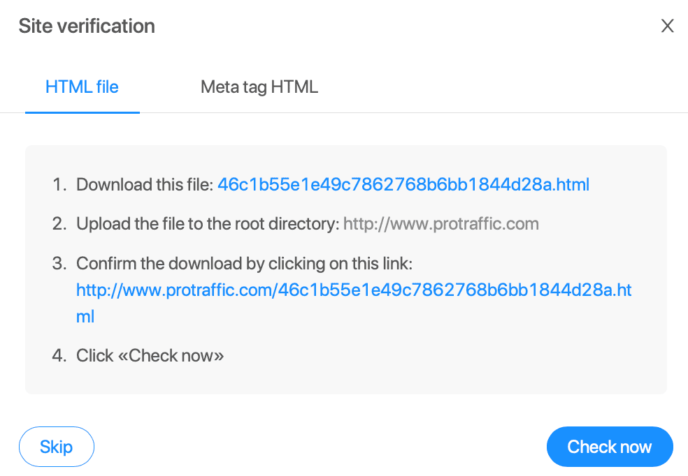 site verification window