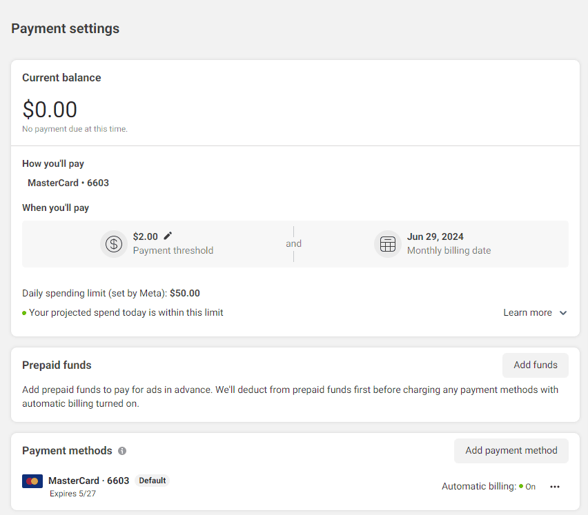 payment settings for your virtual card