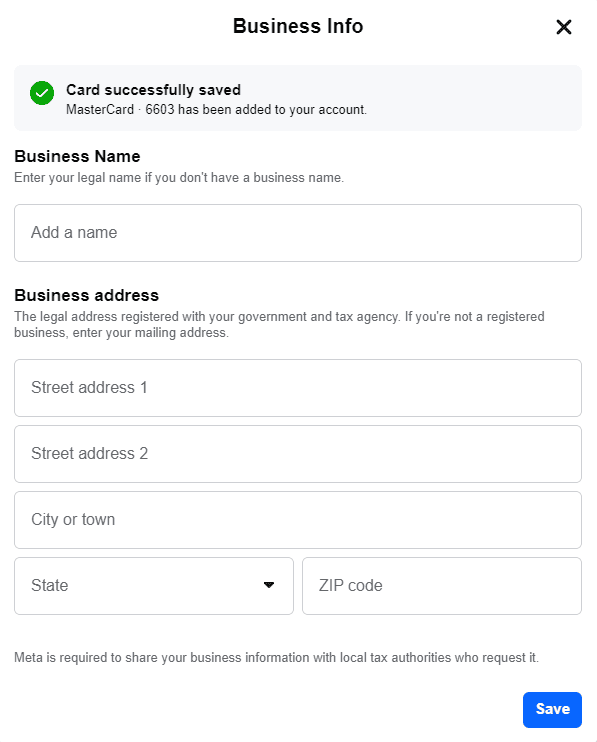 filling in business info of a virtual card