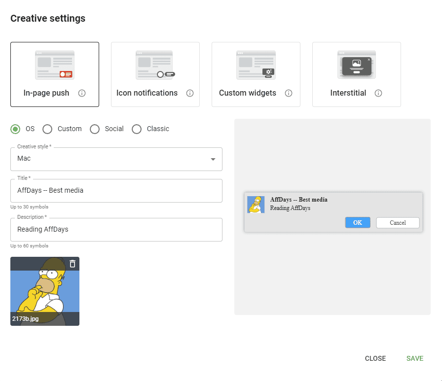 creative settings window