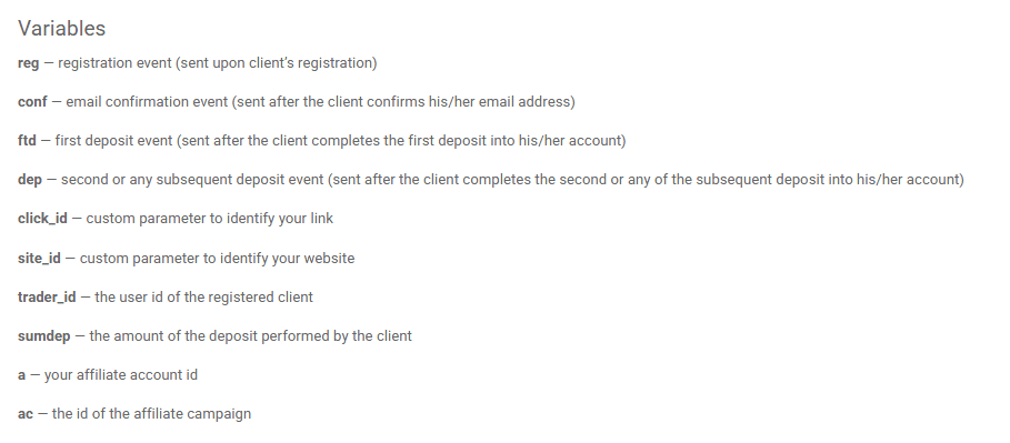 variables for you to choose from for postback setup