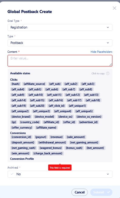 global postback setup process