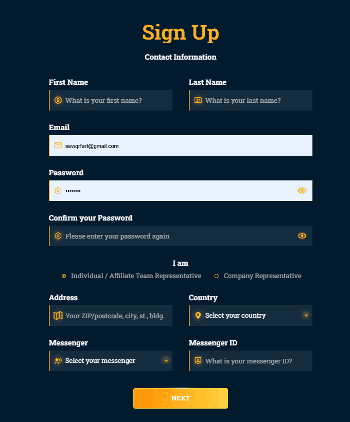sign up page