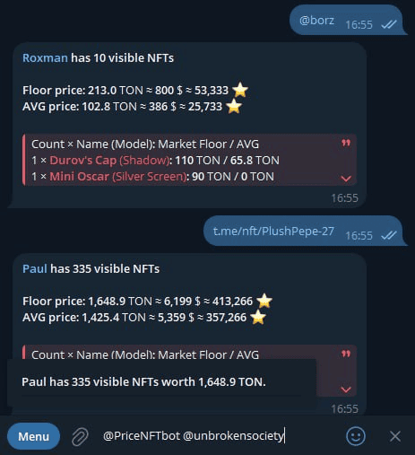 Telegram gift price tracker @PriceNFTbot