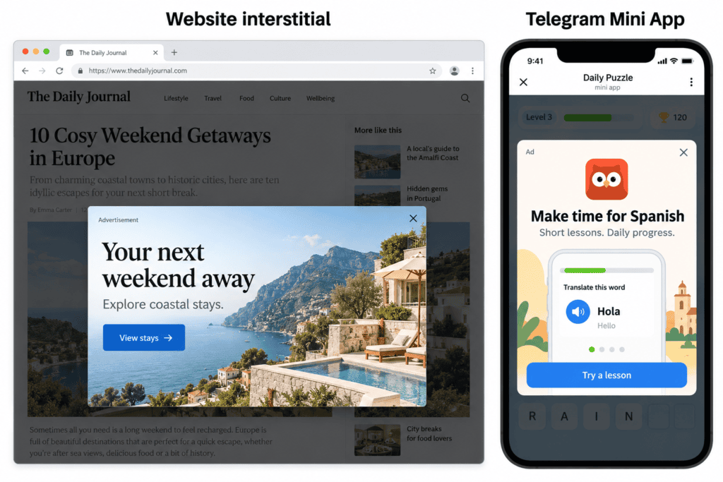 Interstitial ad examples: a website overlay and an ad inside a Telegram Mini App, both with CTA and close buttons